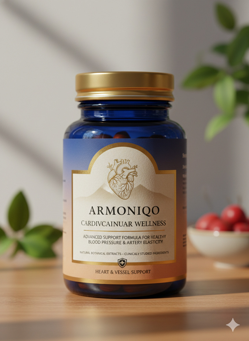 Armoniqo branded bottle and carton arranged on a neutral tabletop under soft indoor lighting